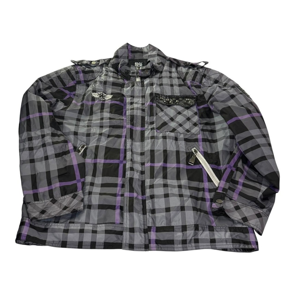Enyce Plaid Lightweight Jacket Gray Purple Full Zip Studded Pocket Men's XL Y2K